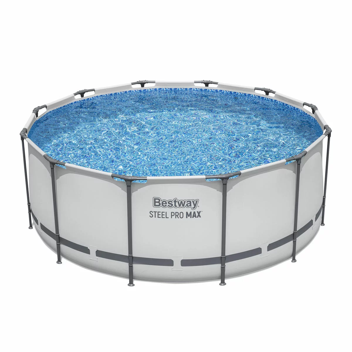 Bestway 12ft round Steel Pro Max above ground swimming pool with reinforced blue liner, steel frame, safety ladder, filter pump, and protective cover in a sunny family garden.