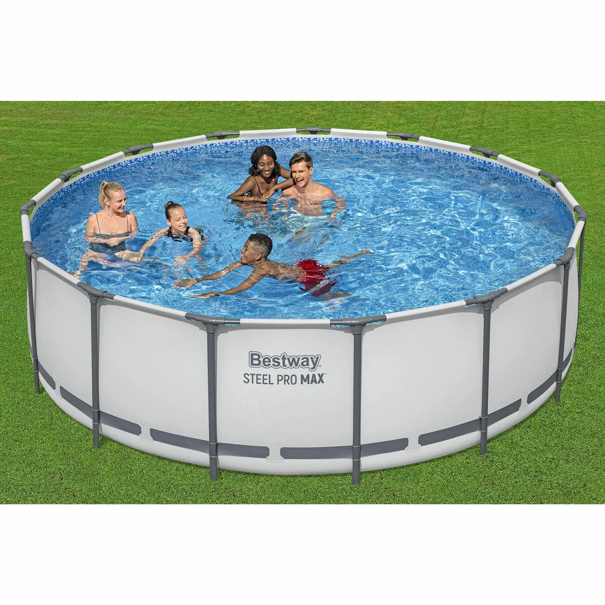Bestway Steel Pro MAX 15ft round above ground swimming pool with durable steel frame, Prismatic Stone interior liner, and filter pump set up in a family garden for summer outdoor fun-2