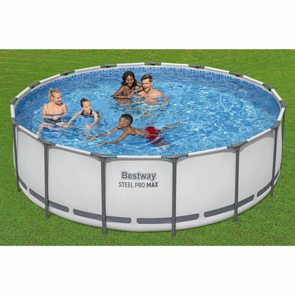 Bestway Steel Pro MAX 15ft round above ground swimming pool with durable steel frame, Prismatic Stone interior liner, and filter pump set up in a family garden for summer outdoor fun-2