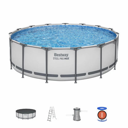 Bestway Steel Pro MAX 15ft round above ground swimming pool with durable steel frame, Prismatic Stone interior liner, and filter pump set up in a family garden for summer outdoor fun.-3