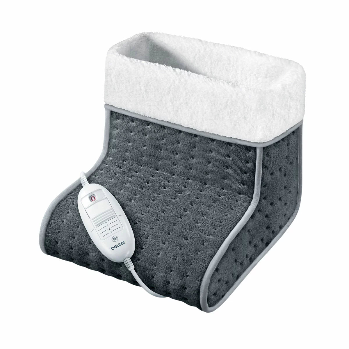 The Beurer FW20 electric foot warmer in its cozy teddy fleece finish, showcasing the soft-touch exterior and heating controller.