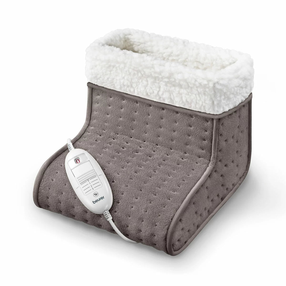 The Beurer FW20 electric foot warmer in its cozy teddy fleece finish, showcasing the soft-touch exterior and heating controller.