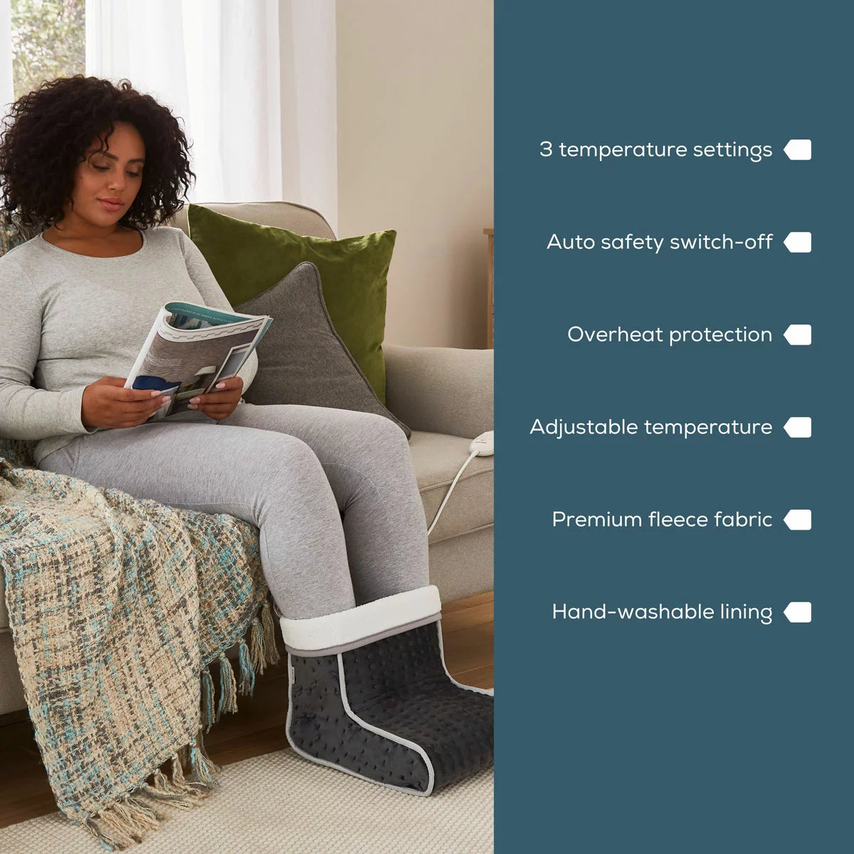 The Beurer FW20 electric foot warmer in its cozy teddy fleece finish, showcasing the soft-touch exterior and heating controller.