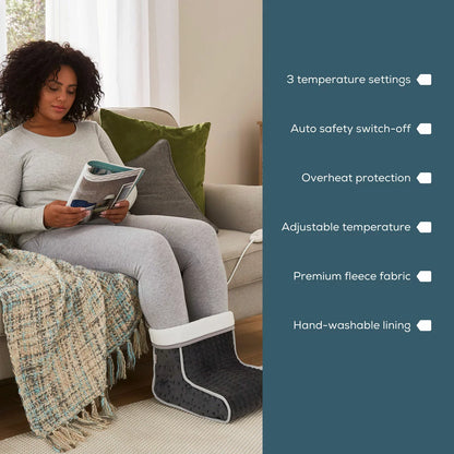 The Beurer FW20 electric foot warmer in its cozy teddy fleece finish, showcasing the soft-touch exterior and heating controller.