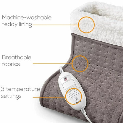 The Beurer FW20 electric foot warmer in its cozy teddy fleece finish, showcasing the soft-touch exterior and heating controller.