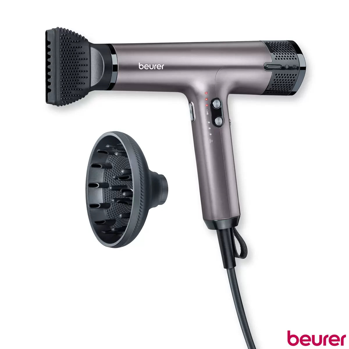 Beurer Excellence digital hair dryer HC100-10084 in a sleek matte purple finish showcasing its compact nozzle and ergonomic handle.