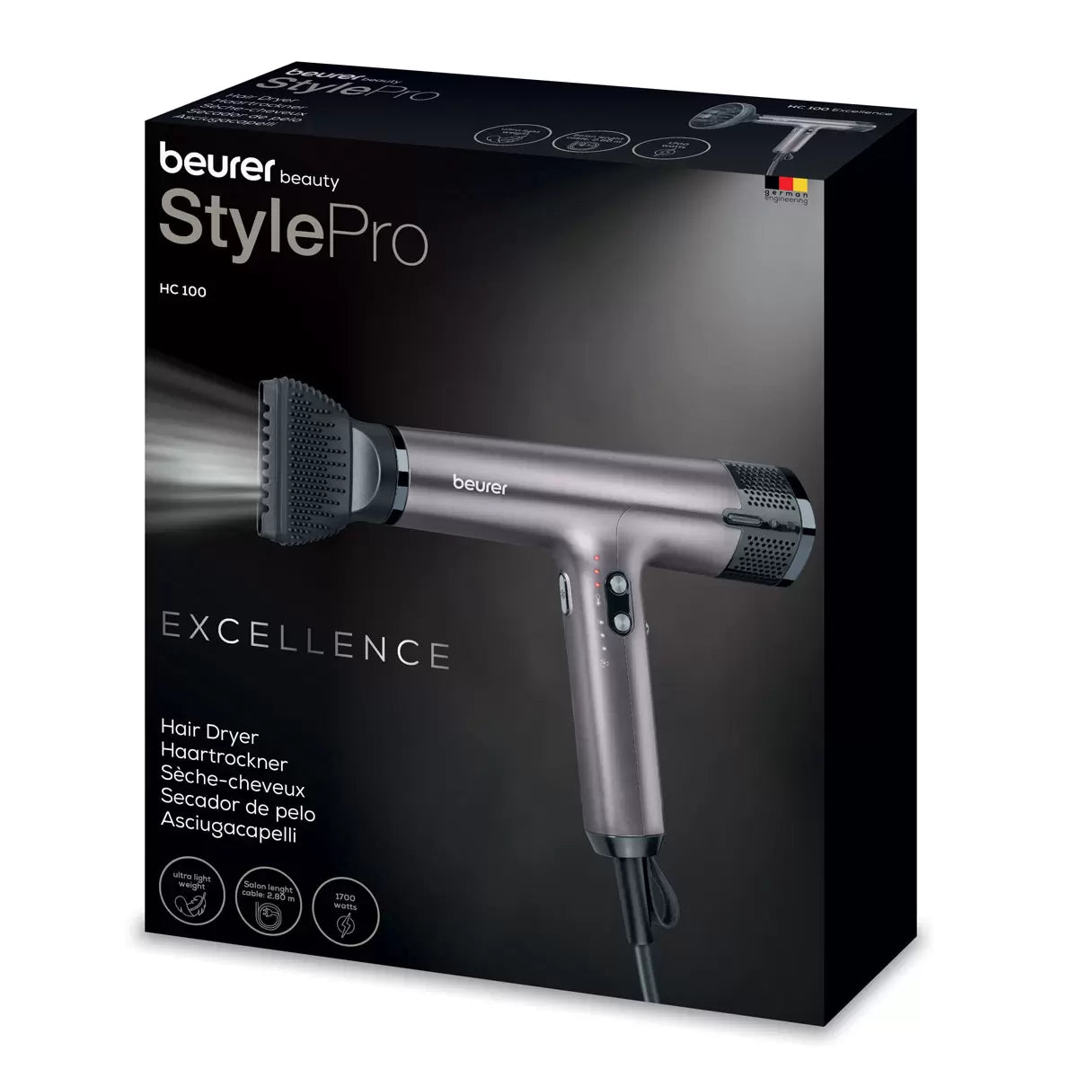 Beurer Excellence digital hair dryer HC100-10084 in a sleek matte purple finish showcasing its compact nozzle and ergonomic handle.