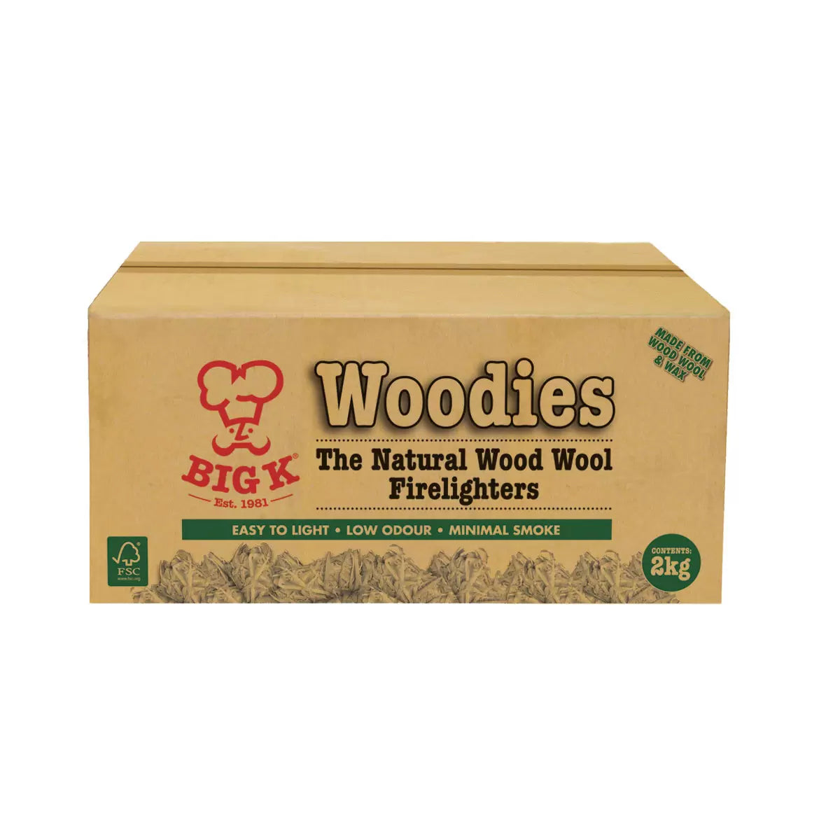 A pile of Big K Woodies natural wood wool firelighters next to a 2kg kraft paper bag.