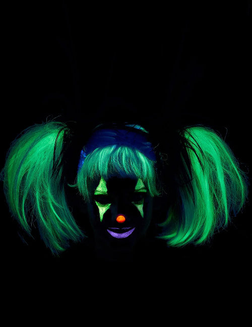 A black glow-in-the-dark punk pigtails wig displayed on a mannequin head against a dark backdrop, showing its edgy layered style and luminous strands.