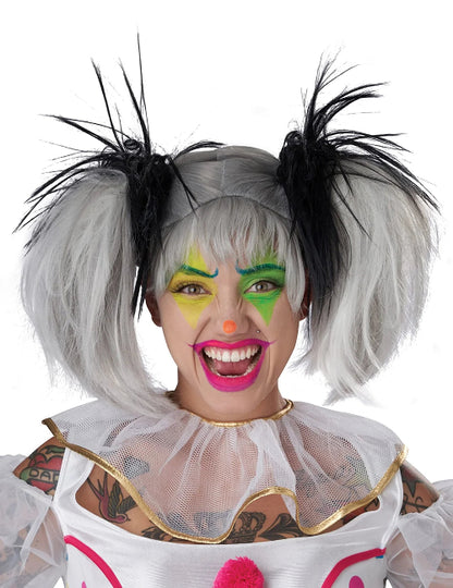 A black glow-in-the-dark punk pigtails wig displayed on a mannequin head against a dark backdrop, showing its edgy layered style and luminous strands.