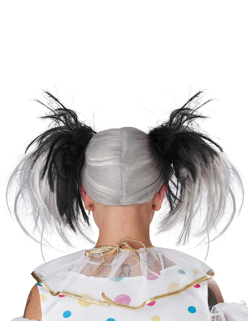A black glow-in-the-dark punk pigtails wig displayed on a mannequin head against a dark backdrop, showing its edgy layered style and luminous strands.