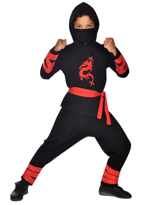 Front view of the black ninja warrior costume on a full display mannequin showcasing the hood, face mask, belt sash, and leg ties against a neutral background.