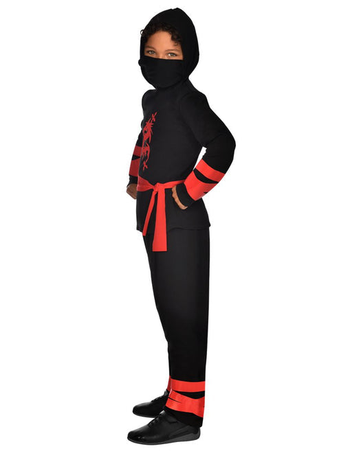 Front view of the black ninja warrior costume on a full display mannequin showcasing the hood, face mask, belt sash, and leg ties against a neutral background.