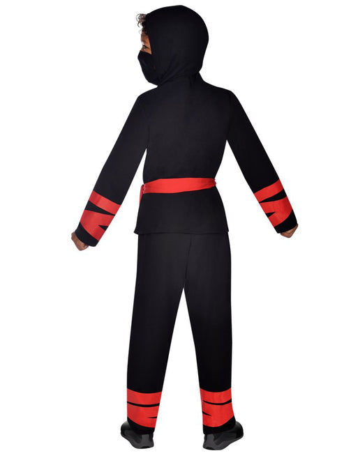 Front view of the black ninja warrior costume on a full display mannequin showcasing the hood, face mask, belt sash, and leg ties against a neutral background.