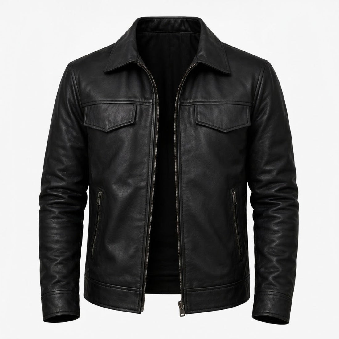Black leather jacket in 100% genuine lambskin with YKK metal front zip and two exterior zip pockets, photographed front-on against a neutral studio background.