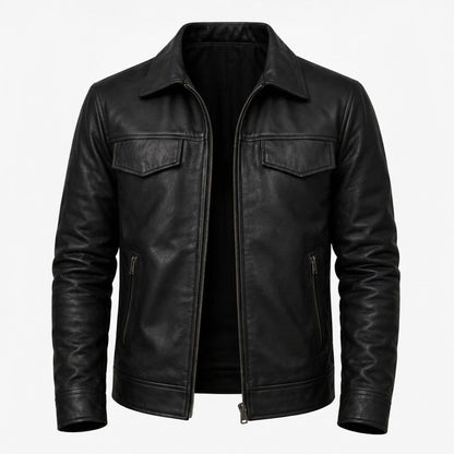 Black leather jacket in 100% genuine lambskin with YKK metal front zip and two exterior zip pockets, photographed front-on against a neutral studio background.