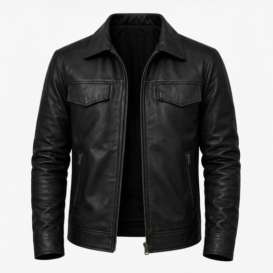 Black leather jacket in 100% genuine lambskin with YKK metal front zip and two exterior zip pockets, photographed front-on against a neutral studio background.