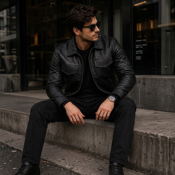 Black leather jacket in 100% genuine lambskin with YKK metal front zip and two exterior zip pockets, photographed front-on against a neutral studio background.