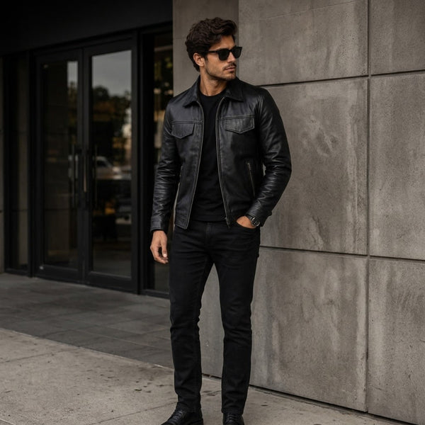 Black leather jacket in 100% genuine lambskin with YKK metal front zip and two exterior zip pockets, photographed front-on against a neutral studio background.