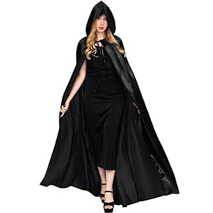 Front view of a full-length black satin hooded cloak cape in adult size Large shown draped smoothly with a deep loose hood and tied neck fasteners.
