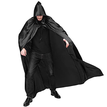 Front view of a full-length black satin hooded cloak cape in adult size Large shown draped smoothly with a deep loose hood and tied neck fasteners.