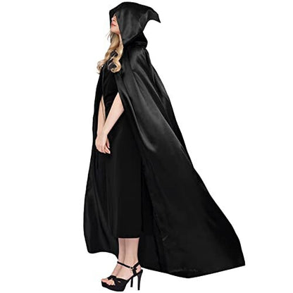 Front view of a full-length black satin hooded cloak cape in adult size Large shown draped smoothly with a deep loose hood and tied neck fasteners.