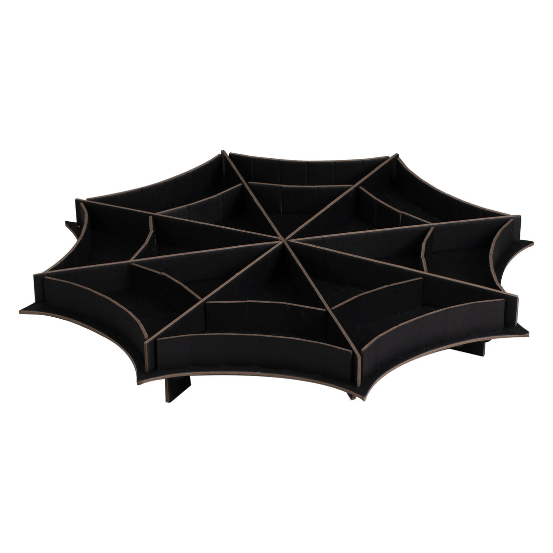 Matte black spider web tiered treat stand holding Halloween cupcakes on a dark party display table.