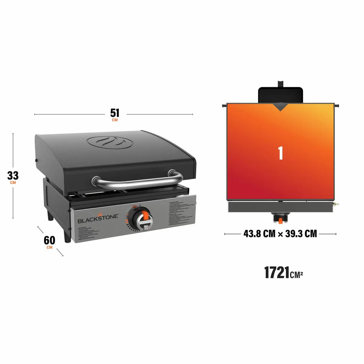 Angle view of the black Blackstone 17 inch tabletop gas griddle with open hood standing on an outdoor wooden table.