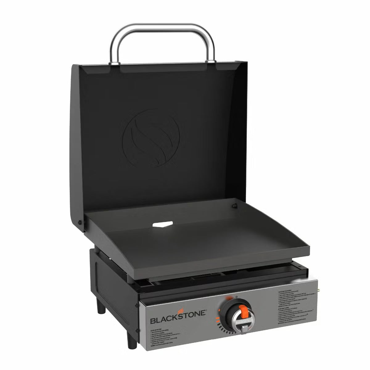 Angle view of the black Blackstone 17 inch tabletop gas griddle with open hood standing on an outdoor wooden table.