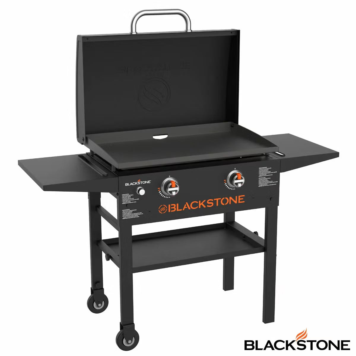 Front three-quarter view of the black Blackstone 28 inch gas griddle with hood open, showing the raw steel flat cooktop and foldable side shelves on a stone patio.