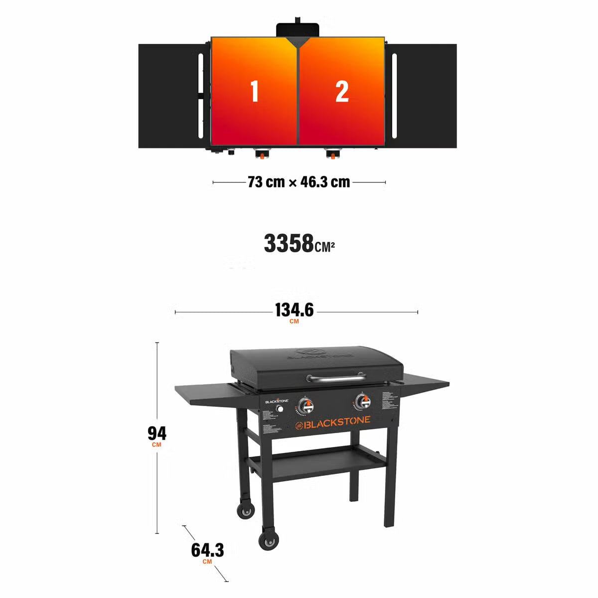 Front three-quarter view of the black Blackstone 28 inch gas griddle with hood open, showing the raw steel flat cooktop and foldable side shelves on a stone patio.