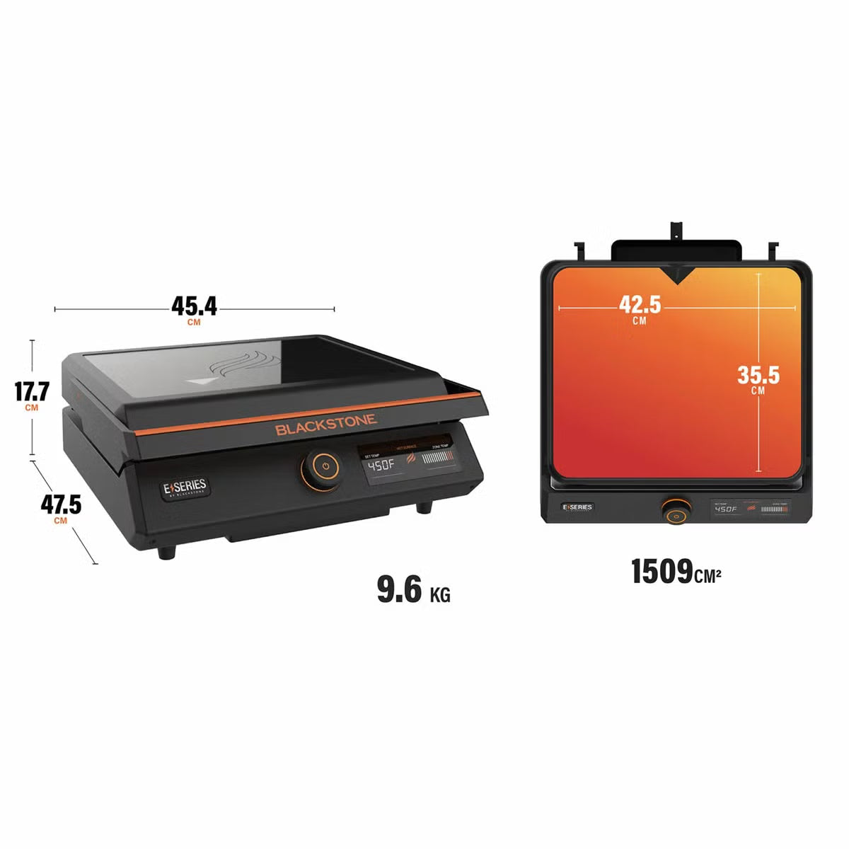 Front view of the black Blackstone E-Series 17 inch electric griddle on a kitchen counter showing the digital LCD screen, glass hood window, and smooth ceramic plate.