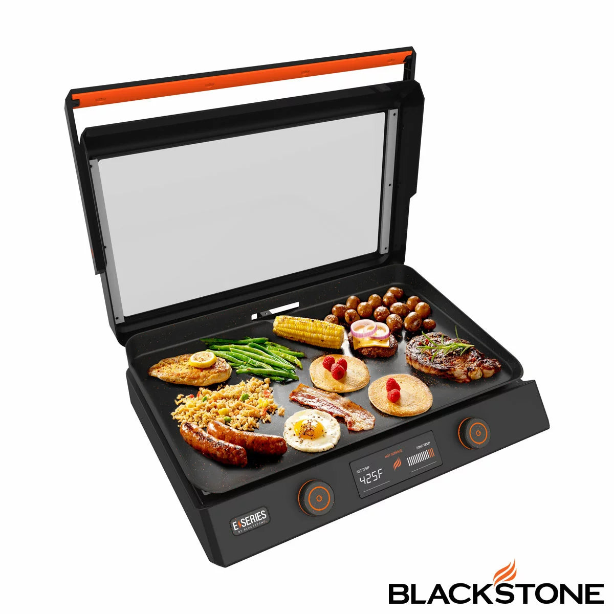 The Blackstone E-Series 22" Electric Griddle with its sleek glass hood and digital control panel, set up on a modern kitchen counter with cooked food ready to serve.