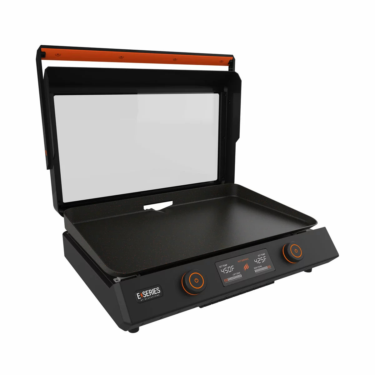 The Blackstone E-Series 22" Electric Griddle with its sleek glass hood and digital control panel, set up on a modern kitchen counter with cooked food ready to serve.