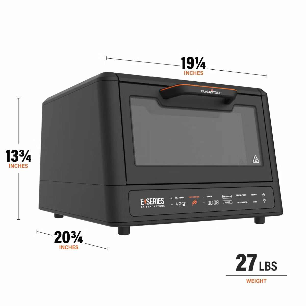 Front view of the black Blackstone E-Series electric pizza and air fryer oven sitting on a kitchen counter displaying its touchscreen control panel and open glass door with a 14 inch rotating deck inside.
