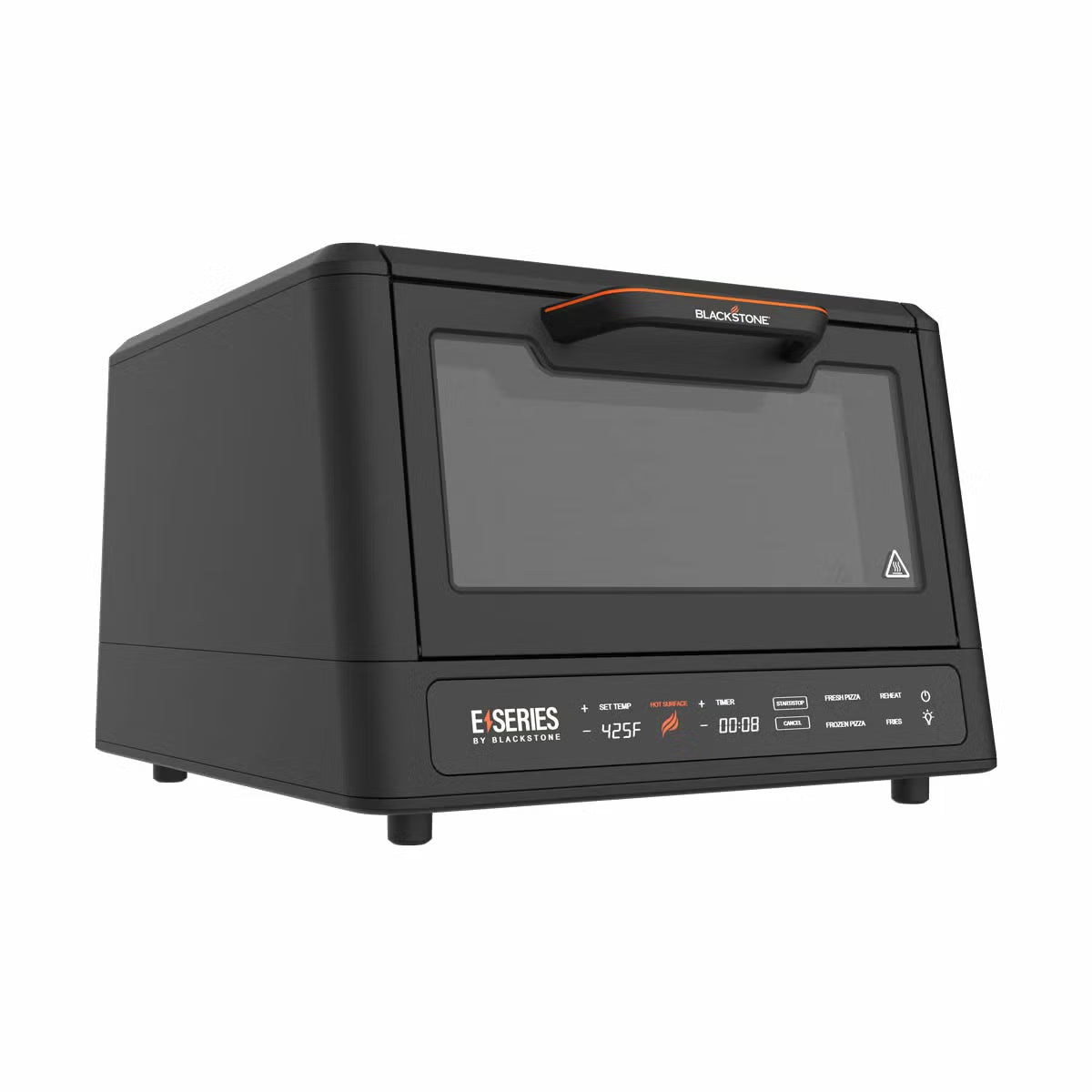 Front view of the black Blackstone E-Series electric pizza and air fryer oven sitting on a kitchen counter displaying its touchscreen control panel and open glass door with a 14 inch rotating deck inside.