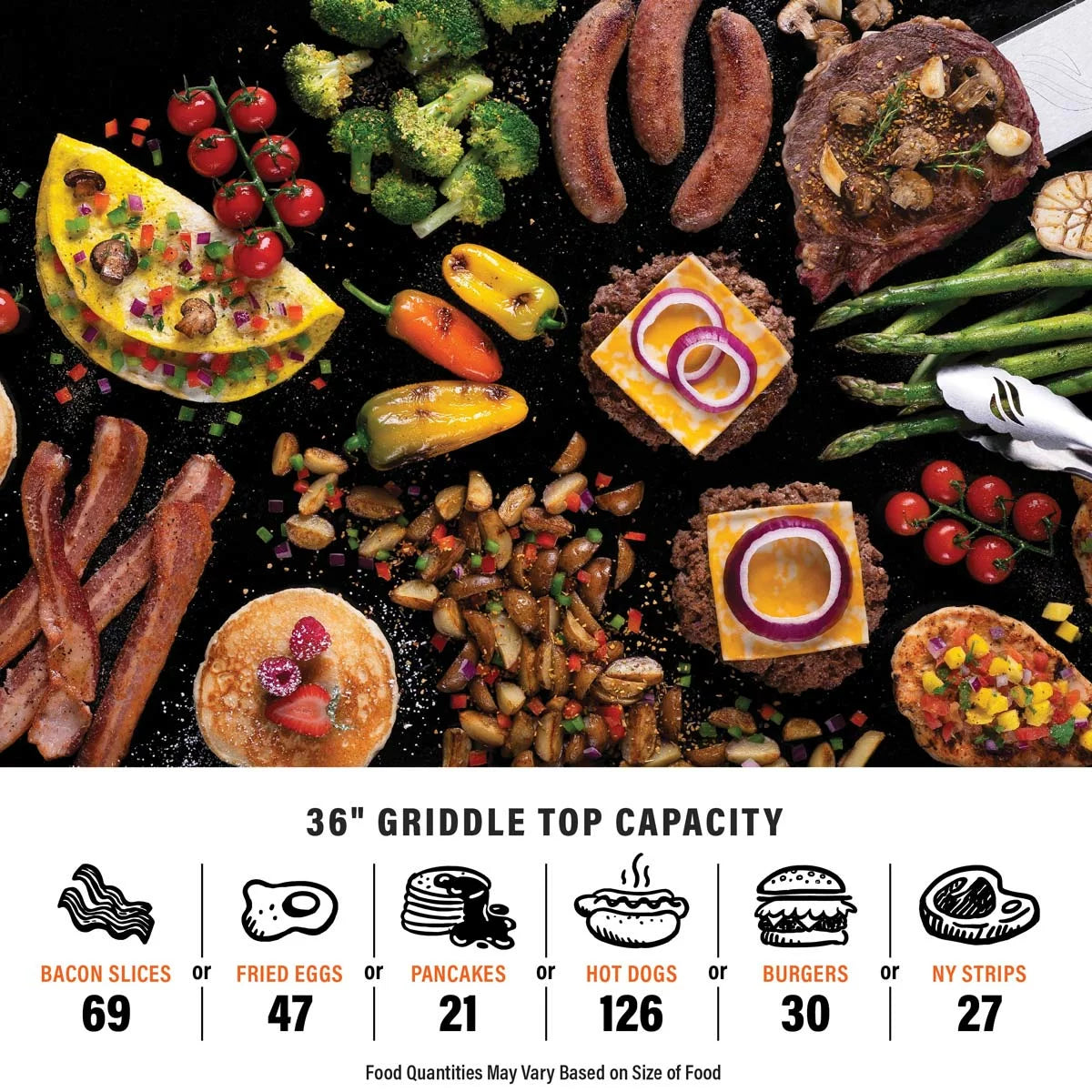 Blackstone Omnivore 36" Griddle with hood open, showing the spacious raw steel cooking surface and integrated front accessory shelves on a patio.
