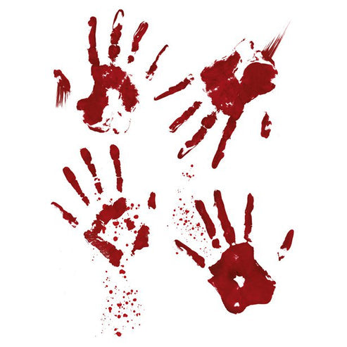 Realistic bloody handprint static cling stickers displayed on a clear glass window during a Halloween setup.