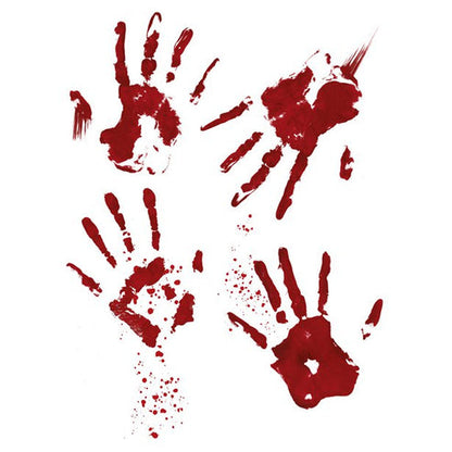 Realistic bloody handprint static cling stickers displayed on a clear glass window during a Halloween setup.