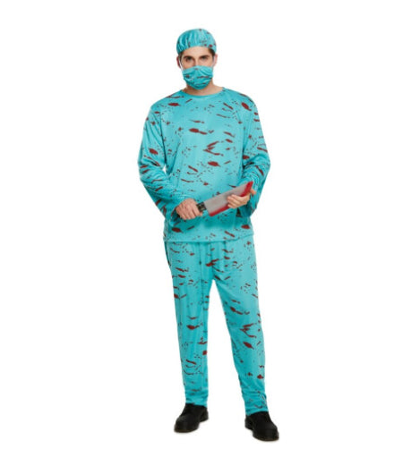 Front view of the blue bloody surgeon scrubs costume featuring detailed red blood splatters across the top, trousers, face mask, and surgical hat.