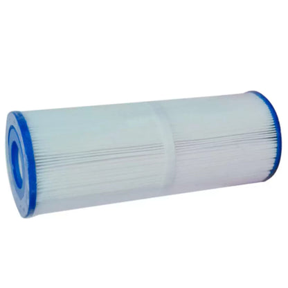 A pristine white Blue Whale Spa hot tub filter cartridge showcasing its 108 clean vertical fabric pleats and open cylindrical core structure against a neutral background.