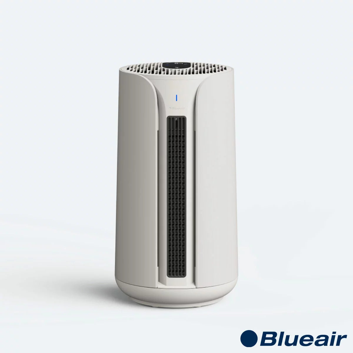 Front view of the beige Blueair ComfortPure T10i 3-in-1 air purifier showing its sleek Scandinavian cylindrical design, digital display, and modern glass touchscreen interface.