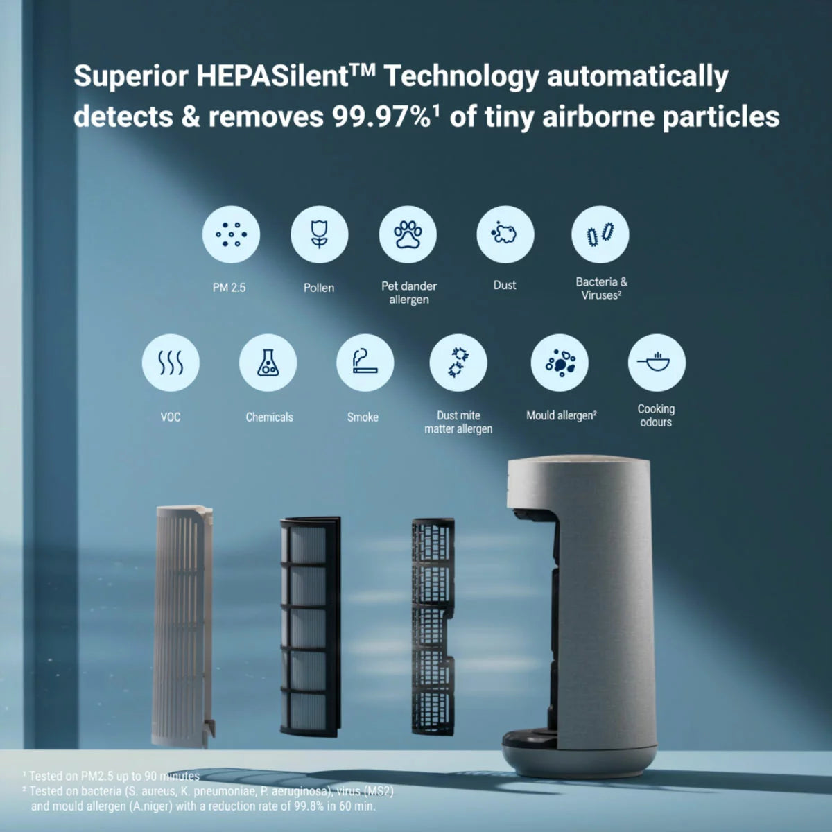 Front view of the beige Blueair ComfortPure T10i 3-in-1 air purifier showing its sleek Scandinavian cylindrical design, digital display, and modern glass touchscreen interface.