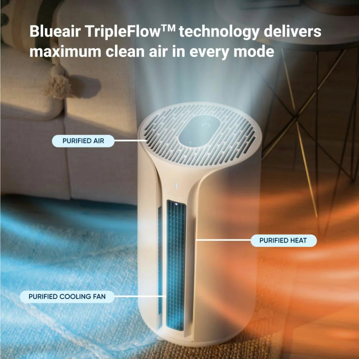 Front view of the beige Blueair ComfortPure T10i 3-in-1 air purifier showing its sleek Scandinavian cylindrical design, digital display, and modern glass touchscreen interface.