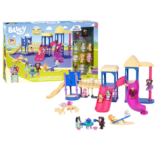 Large 24-piece Bluey Playdate Playground set with slides, swings, and 10 mini figures arranged on a clean background.