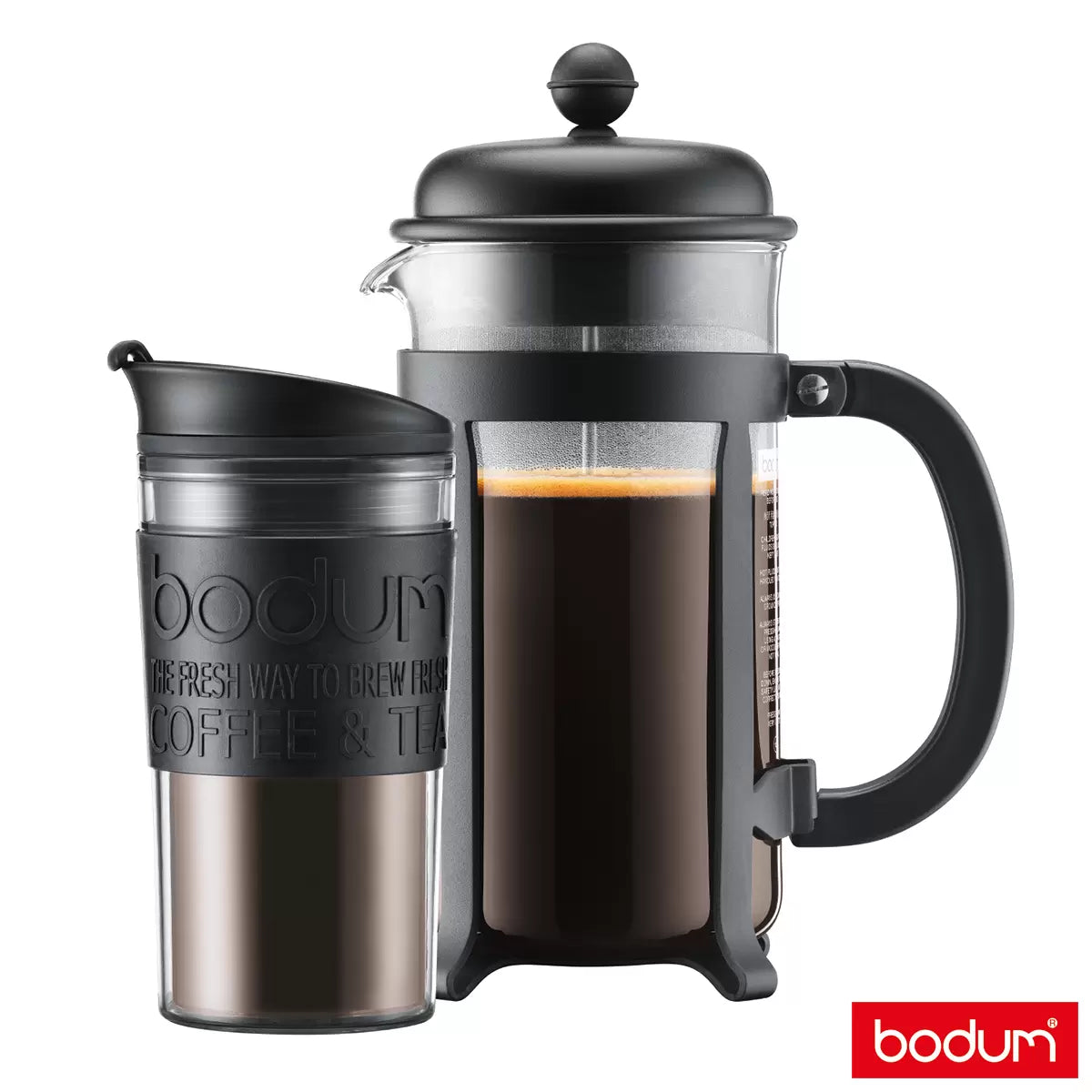 Close up of the Bodum Java coffee press plunger and heat-resistant travel mug held by a person.