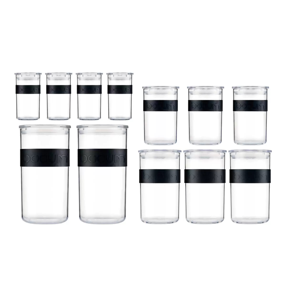 Full set of 12 Bodum PRESSO storage jars displayed on a modern kitchen shelf showing various sizes.