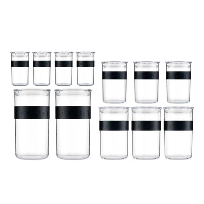 Full set of 12 Bodum PRESSO storage jars displayed on a modern kitchen shelf showing various sizes.