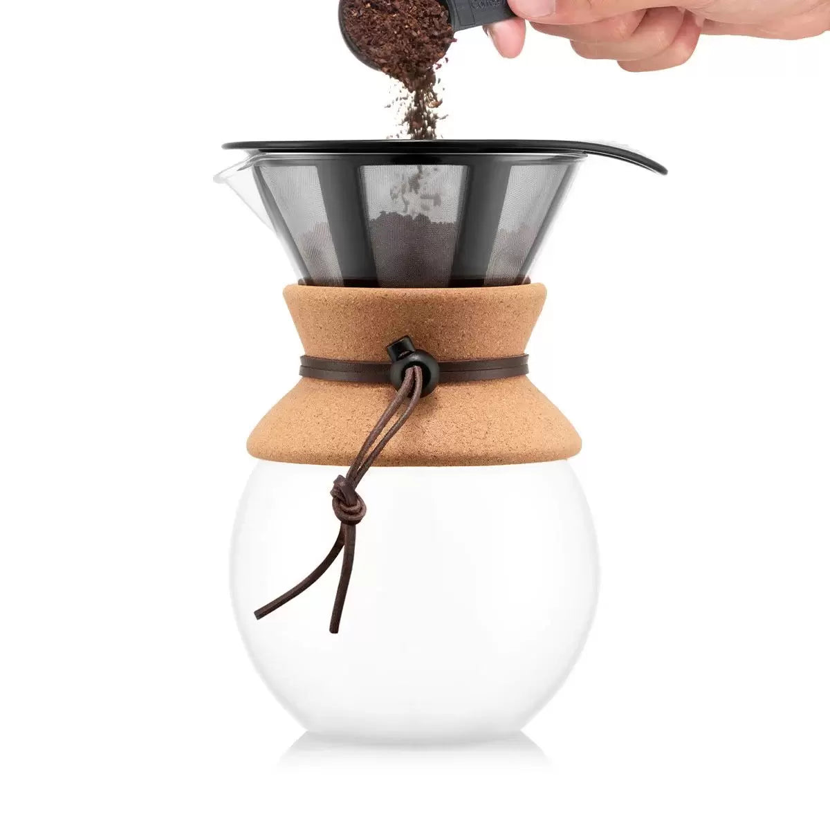 Bodum Pour Over Coffee Maker 1L with reusable stainless steel permanent filter and borosilicate glass carafe for manual coffee brewing.