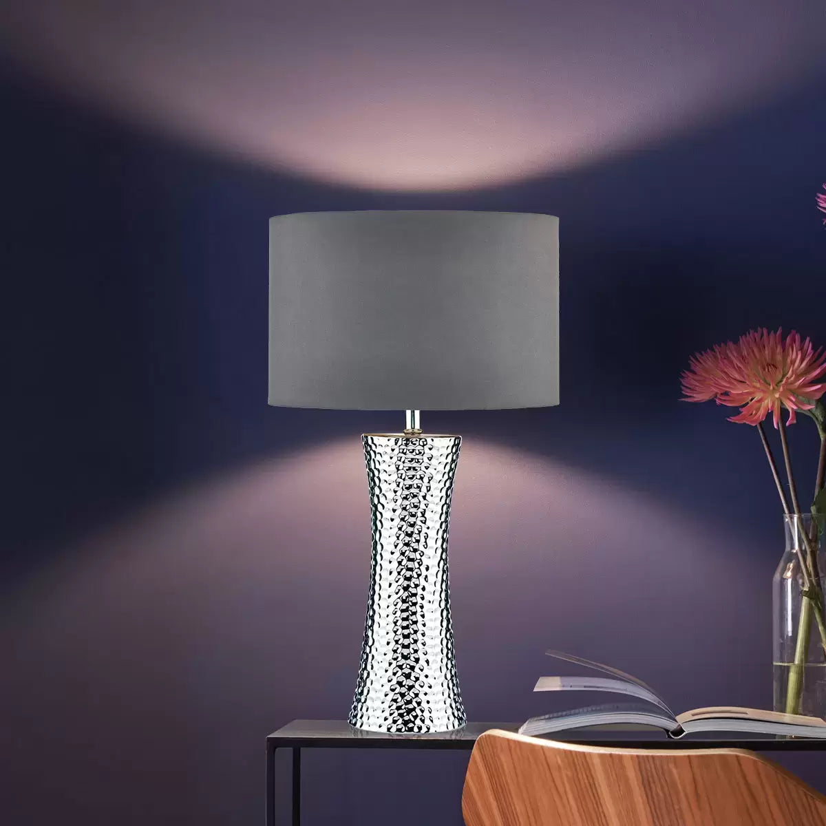 Bokara Hammered Effect Ceramic Table Lamp with textured hammered ceramic base and elegant contemporary design for living room or bedroom lighting.